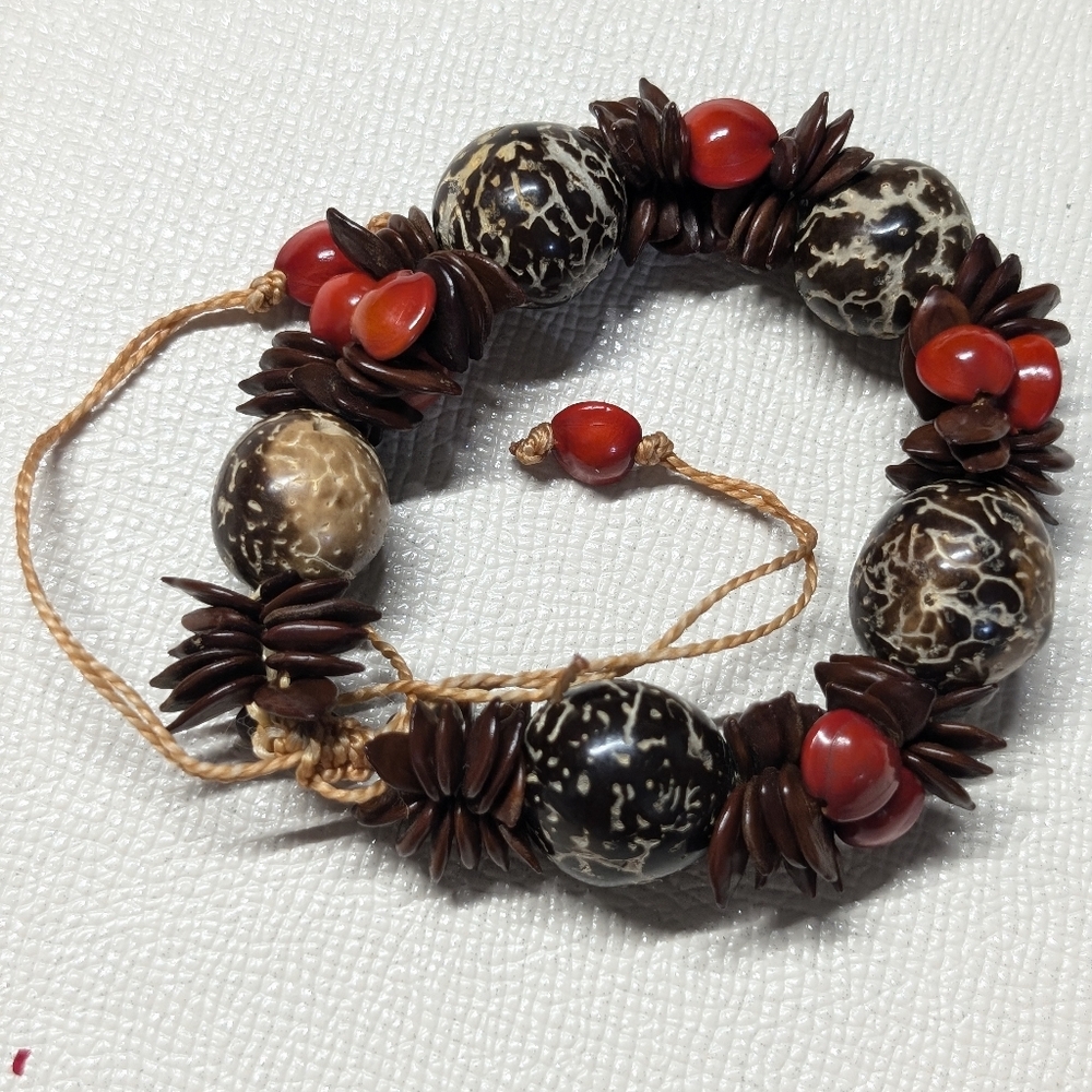 Handcrafted Red and Brown Beaded Bracelet Hawaiian